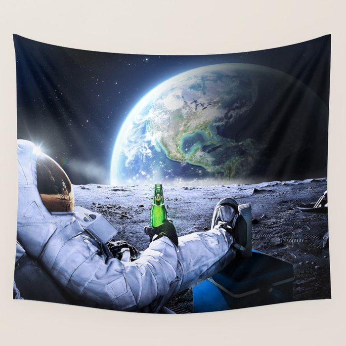Astronaut on the Moon with beer Wall Tapestry Gallery Image 4