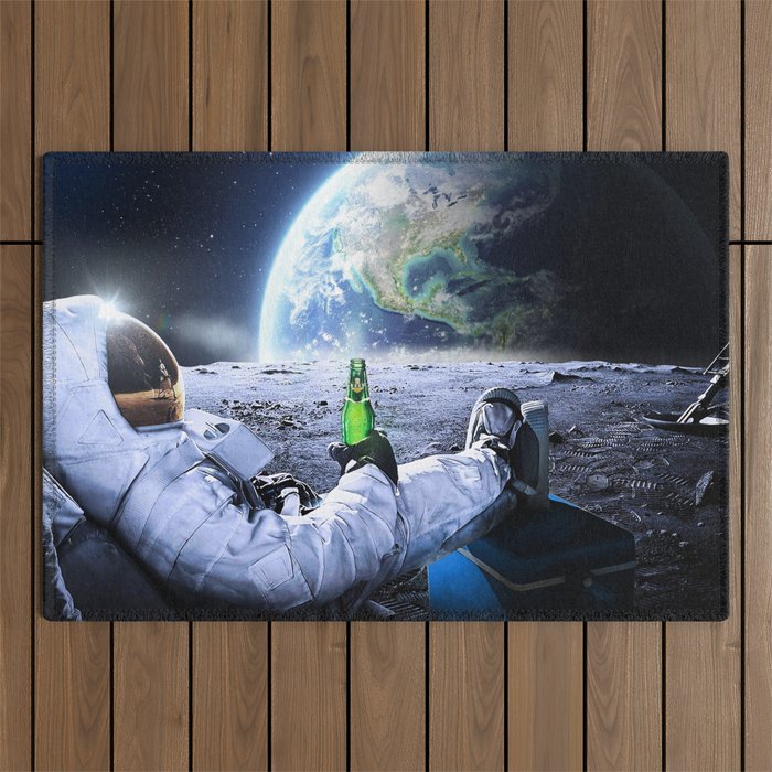 Astronaut on the Moon with beer Outdoor Rug Gallery Image 1