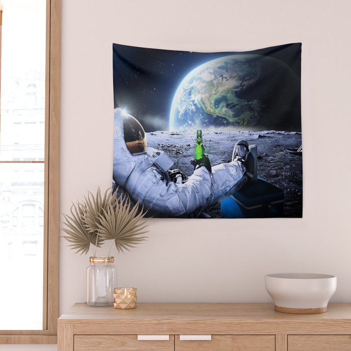 Astronaut on the Moon with beer Wall Tapestry Gallery Image 2