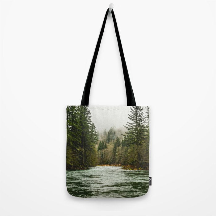 Wanderlust Forest River - Mountain Adventure in Foggy Woods Tote Bag Gallery Image 2