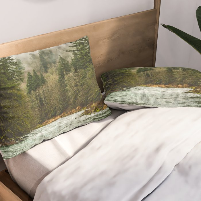 Wanderlust Forest River - Mountain Adventure in Foggy Woods Pillow Sham Gallery Image 2