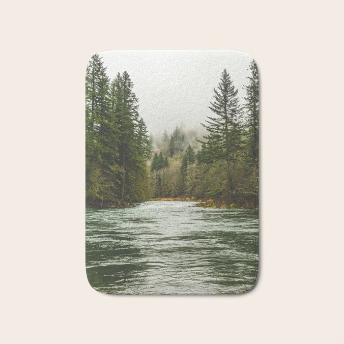 Wanderlust Forest River - Mountain Adventure in Foggy Woods Bath Mat Gallery Image 1