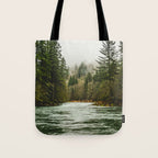 Wanderlust Forest River - Mountain Adventure in Foggy Woods Tote Bag Gallery Image 1