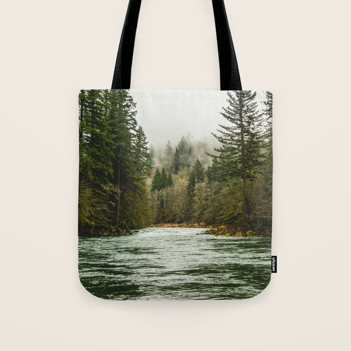 Wanderlust Forest River - Mountain Adventure in Foggy Woods Tote Bag Gallery Image 1
