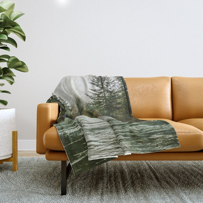 Wanderlust Forest River - Mountain Adventure in Foggy Woods Throw Blanket Gallery Image 1
