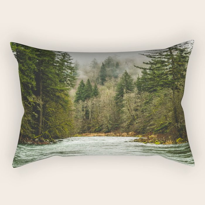 Wanderlust Forest River - Mountain Adventure in Foggy Woods Rectangular Pillow Gallery Image 2