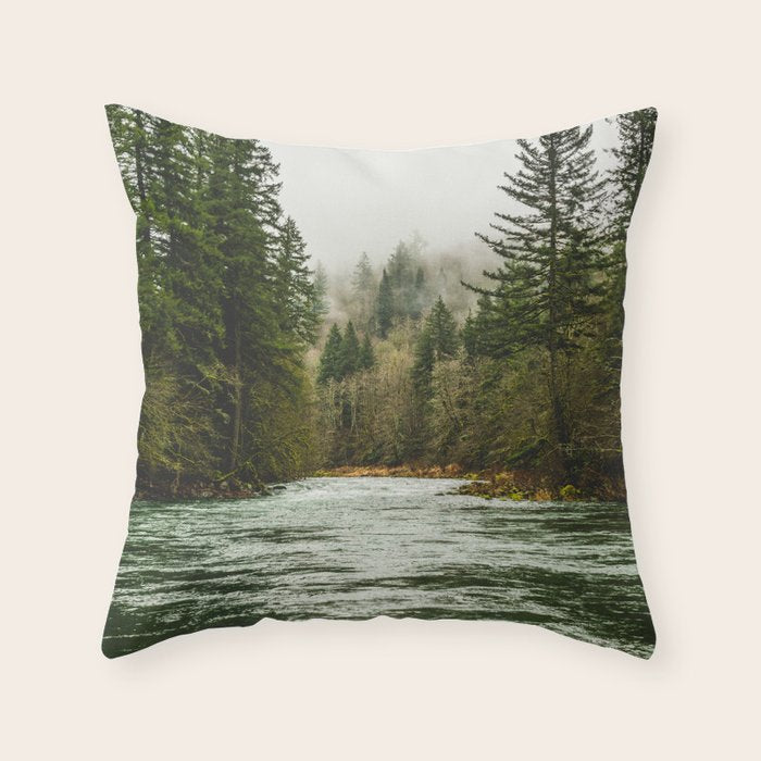Wanderlust Forest River - Mountain Adventure in Foggy Woods Throw Pillow Gallery Image 1
