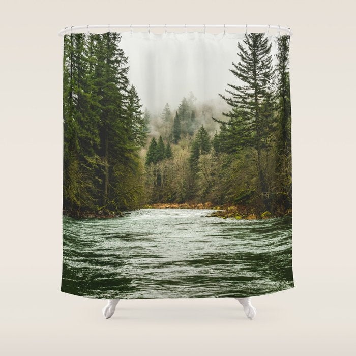 Wanderlust Forest River - Mountain Adventure in Foggy Woods Shower Curtain Gallery Image 1