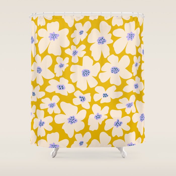 Retro Daisy - yellow, white and purple  Shower Curtain Gallery Image 1