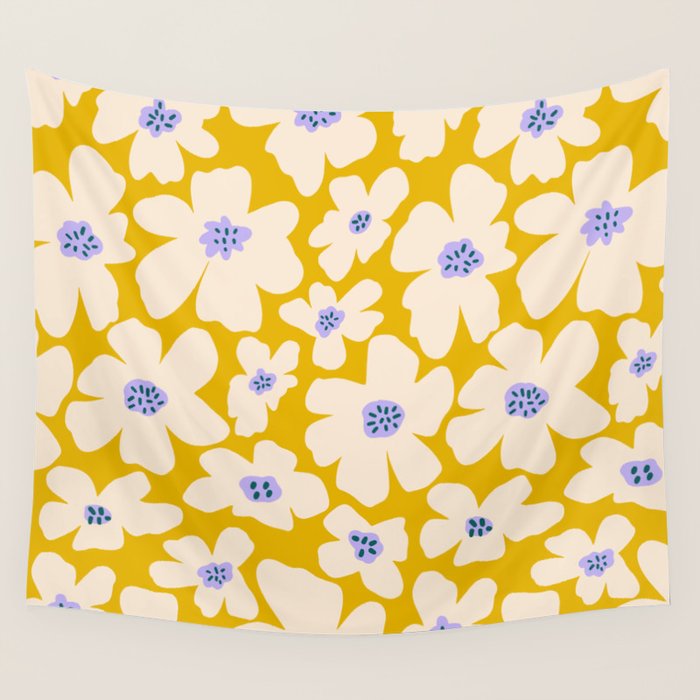 Retro Daisy - yellow, white and purple  Wall Tapestry Gallery Image 4