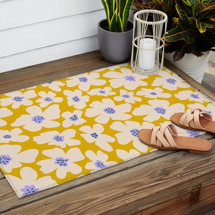 Retro Daisy - yellow, white and purple  Outdoor Rug Gallery Image 2