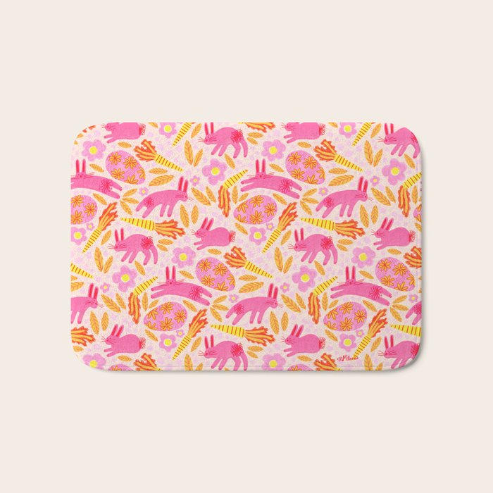 Cute Colorful Rabbits & Decorative Eggs in Pastel Pink Bath Mat Gallery Image 1