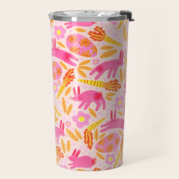 Cute Colorful Rabbits & Decorative Eggs in Pastel Pink Travel Mug Gallery Image 2