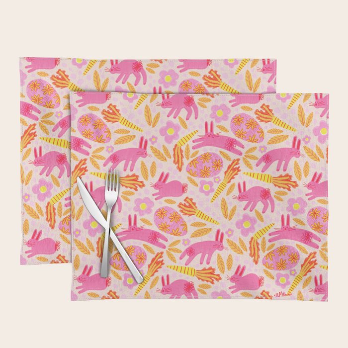 Cute Colorful Rabbits & Decorative Eggs in Pastel Pink Placemat Gallery Image 1