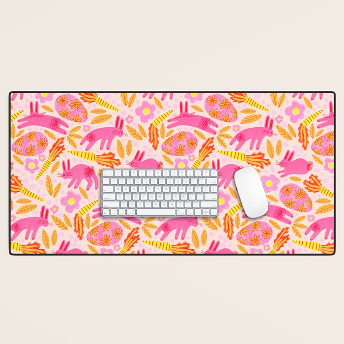 Cute Colorful Rabbits & Decorative Eggs in Pastel Pink Desk Mat Gallery Image 1