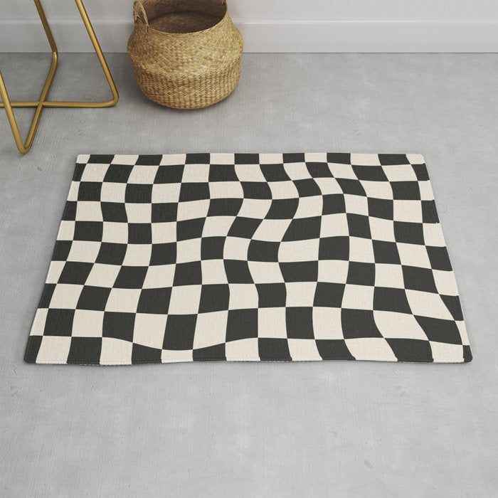 Black and White Wavy Checkered Pattern Rug Gallery Image 1