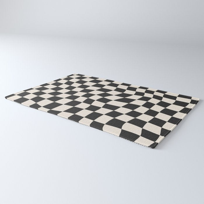 Black and White Wavy Checkered Pattern Rug Gallery Image 3