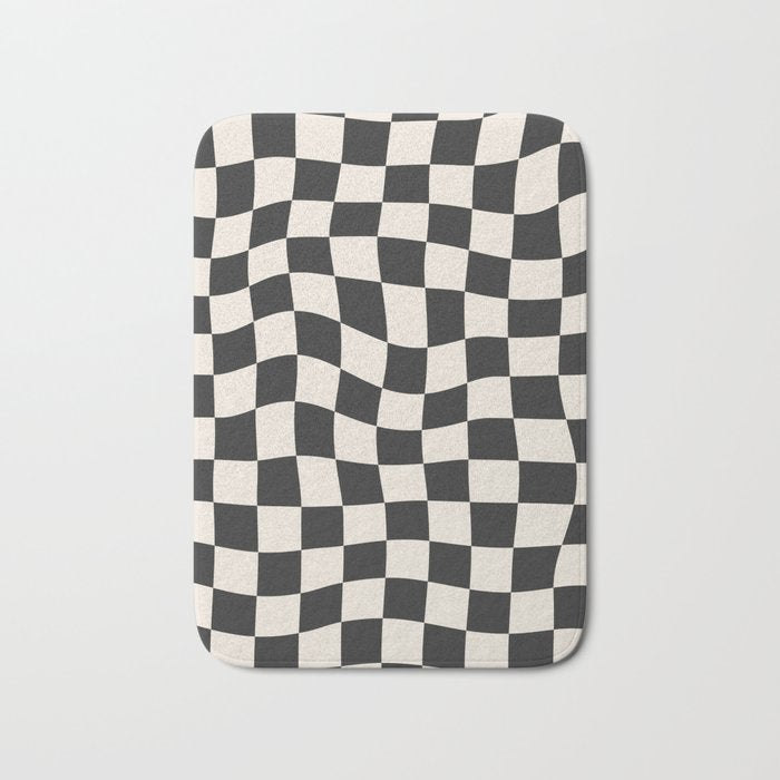 Black and White Wavy Checkered Pattern Bath Mat Gallery Image 1