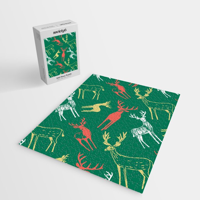Green christmas reindeer animal pattern Jigsaw Puzzle Gallery Image 2
