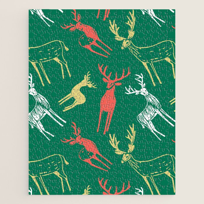 Green christmas reindeer animal pattern Jigsaw Puzzle Gallery Image 1