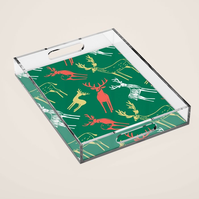 Green christmas reindeer animal pattern Acrylic Tray Gallery Image 1