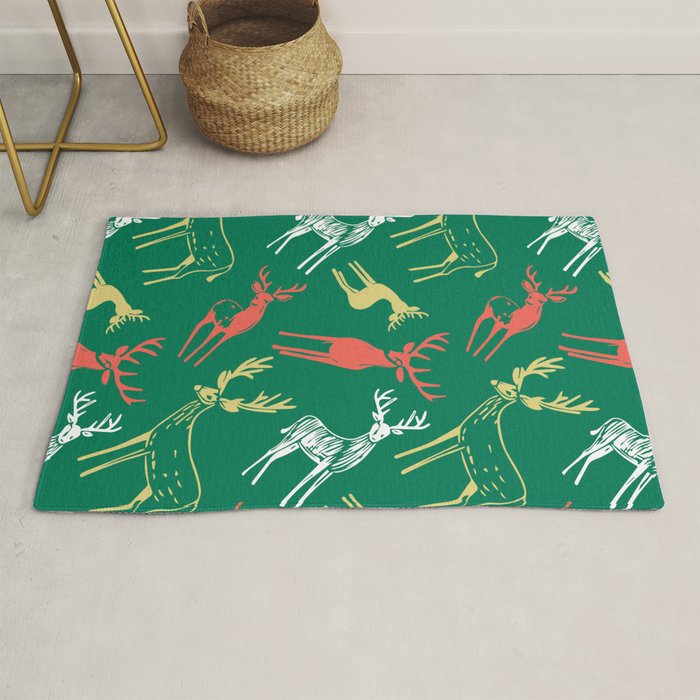 Green christmas reindeer animal pattern Rug Gallery Image 1