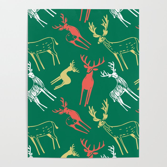 Green christmas reindeer animal pattern Poster Gallery Image 1