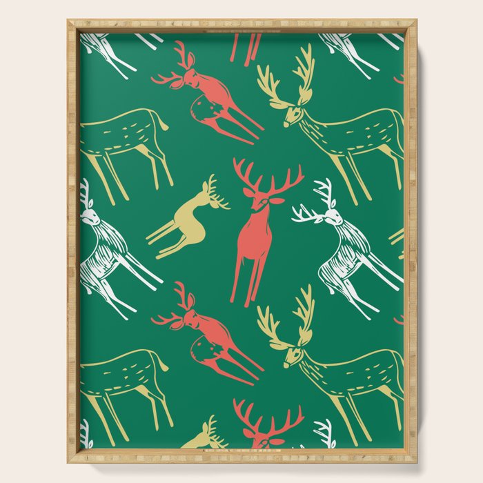 Green christmas reindeer animal pattern Serving Tray Gallery Image 1