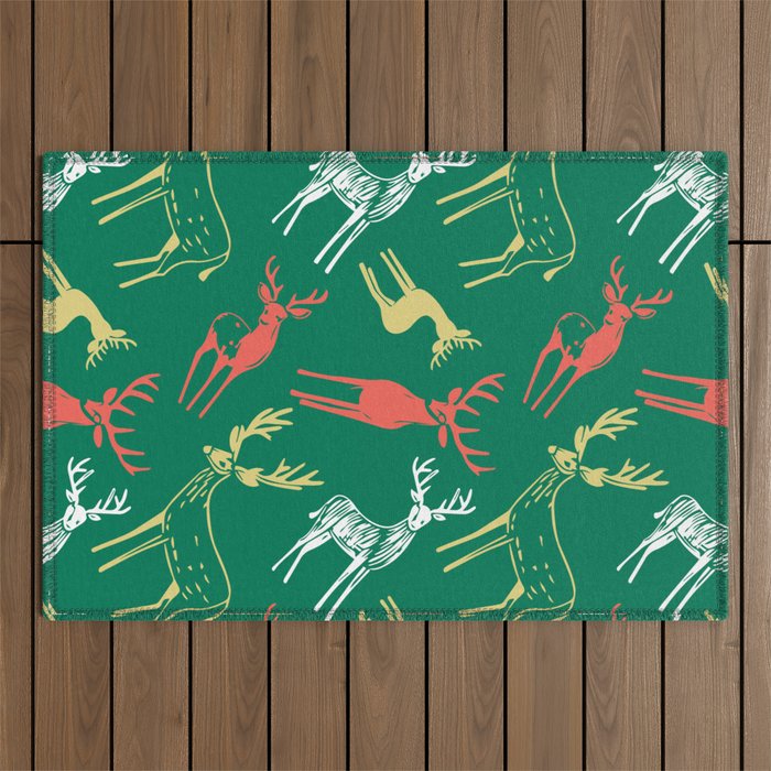 Green christmas reindeer animal pattern Outdoor Rug Gallery Image 1
