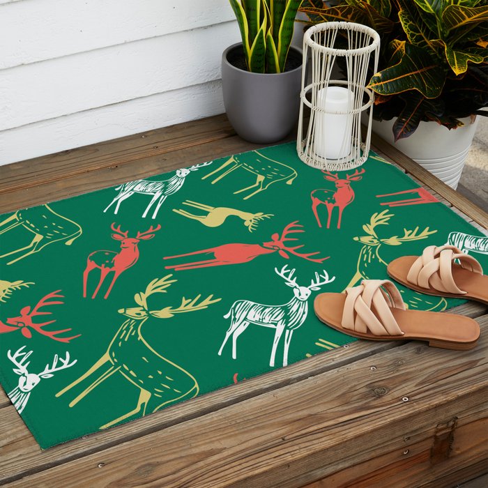 Green christmas reindeer animal pattern Outdoor Rug Gallery Image 2