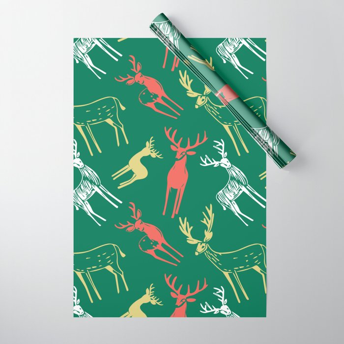 Green christmas reindeer animal pattern Wrapping Paper Gallery Image 1