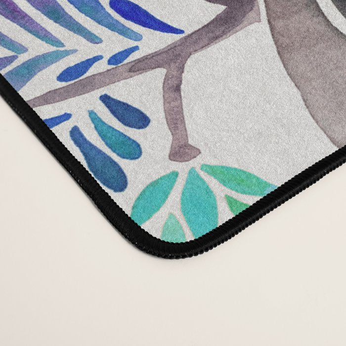 Happy Sloth - Tropical Blue Leaves Desk Mat Gallery Image 4
