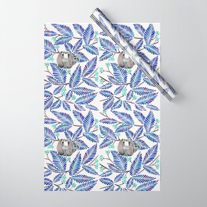 Happy Sloth - Tropical Blue Leaves Wrapping Paper Gallery Image 1