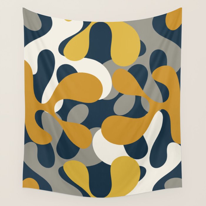 Modern Abstract Codium Pattern Mustard Navy Blue Gray Wall Tapestry Gallery Image 4