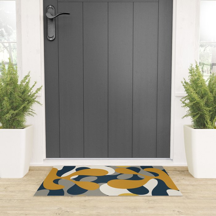 Modern Abstract Codium Pattern Mustard Navy Blue Gray Welcome Mat Gallery Image 3