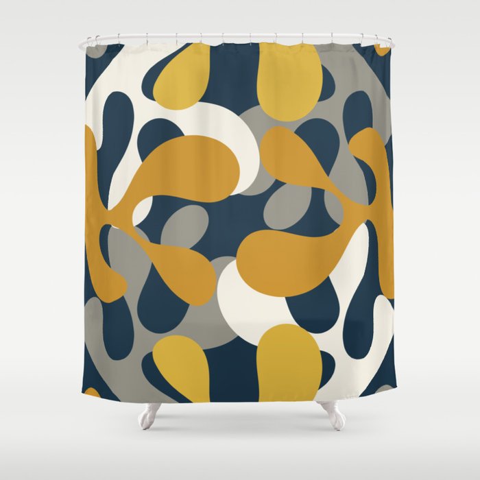 Modern Abstract Codium Pattern Mustard Navy Blue Gray Shower Curtain Gallery Image 1