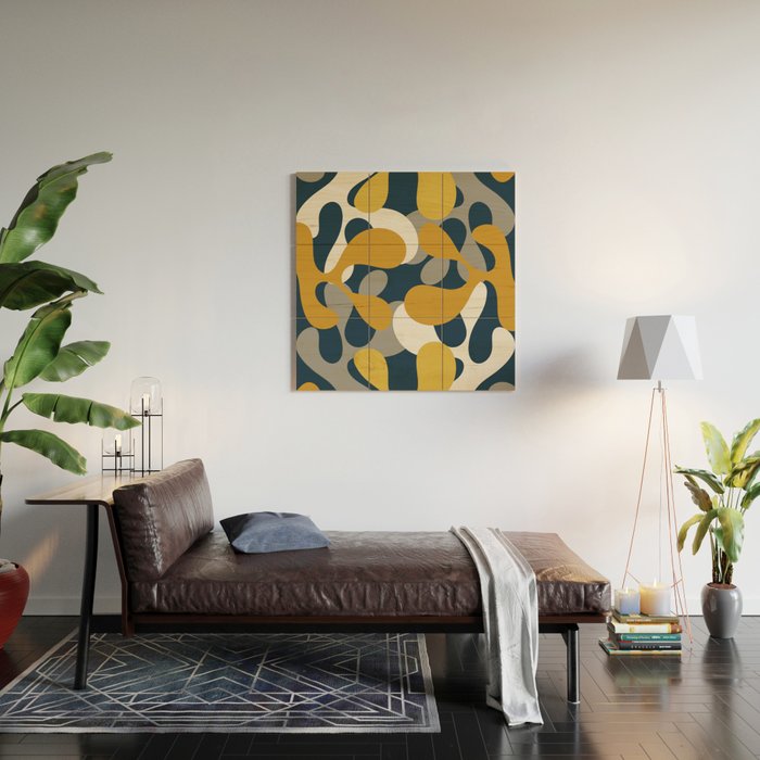 Modern Abstract Codium Pattern Mustard Navy Blue Gray Wood Wall Art Gallery Image 2