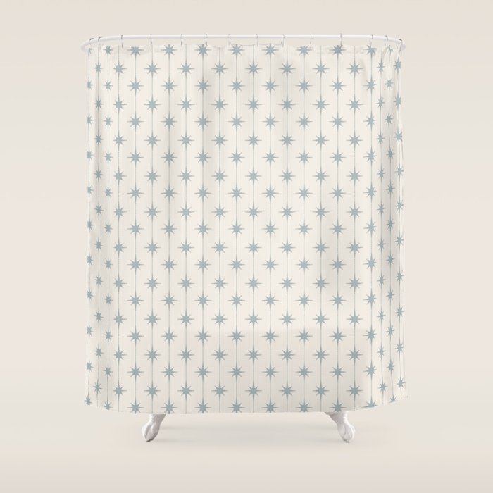 Midcentury Stars and Dots Light Blue Gray and Cream Pattern Shower Curtain Gallery Image 1