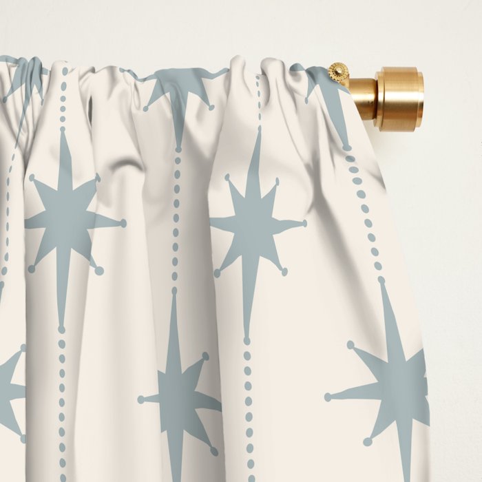 Midcentury Stars and Dots Light Blue Gray and Cream Pattern Window Curtain Gallery Image 2