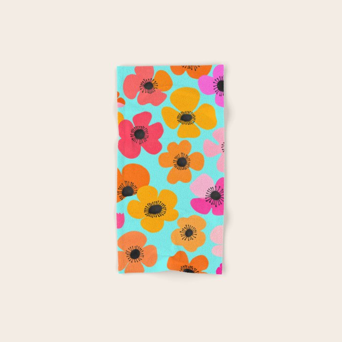 Midcentury Playful Botanical Bold Multicolor Retro Flowers Turquoise Bath Towel Gallery Image 1