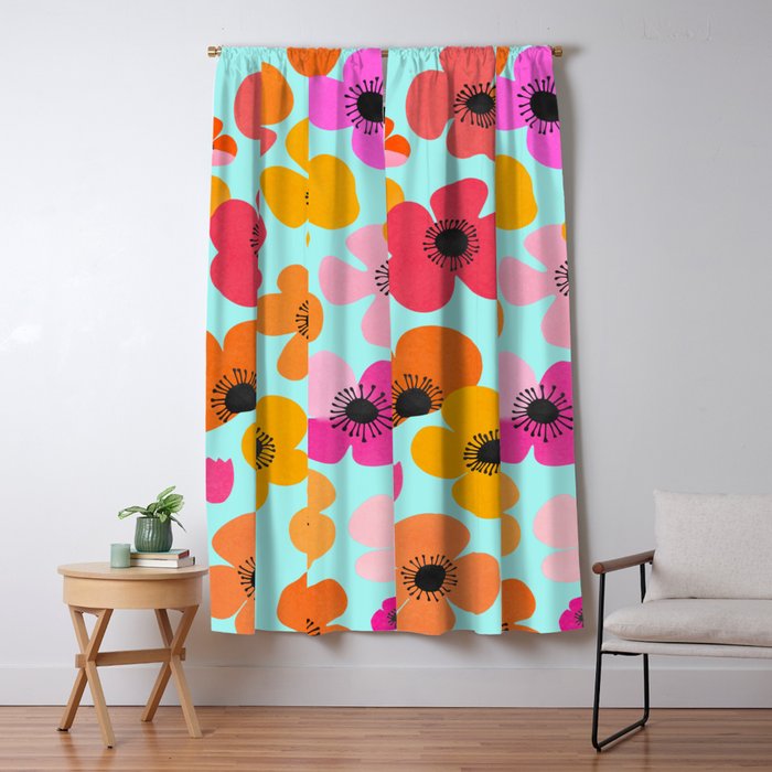 Midcentury Playful Botanical Bold Multicolor Retro Flowers Turquoise Window Curtain Gallery Image 1