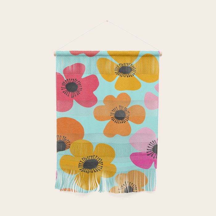 Midcentury Playful Botanical Bold Multicolor Retro Flowers Turquoise Wall Hanging Gallery Image 1