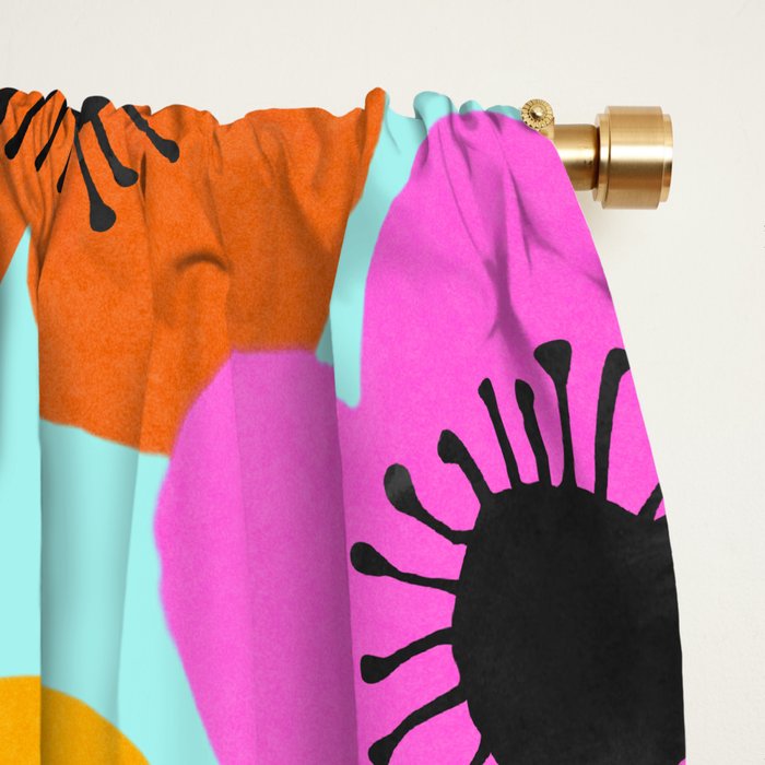 Midcentury Playful Botanical Bold Multicolor Retro Flowers Turquoise Window Curtain Gallery Image 2
