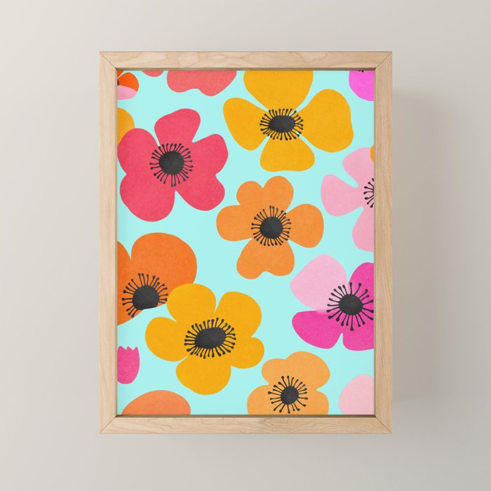 Midcentury Playful Botanical Bold Multicolor Retro Flowers Turquoise Mini Art Print Gallery Image 1