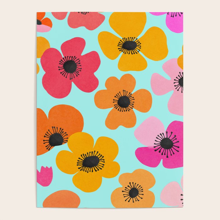 Midcentury Playful Botanical Bold Multicolor Retro Flowers Turquoise Poster Gallery Image 4
