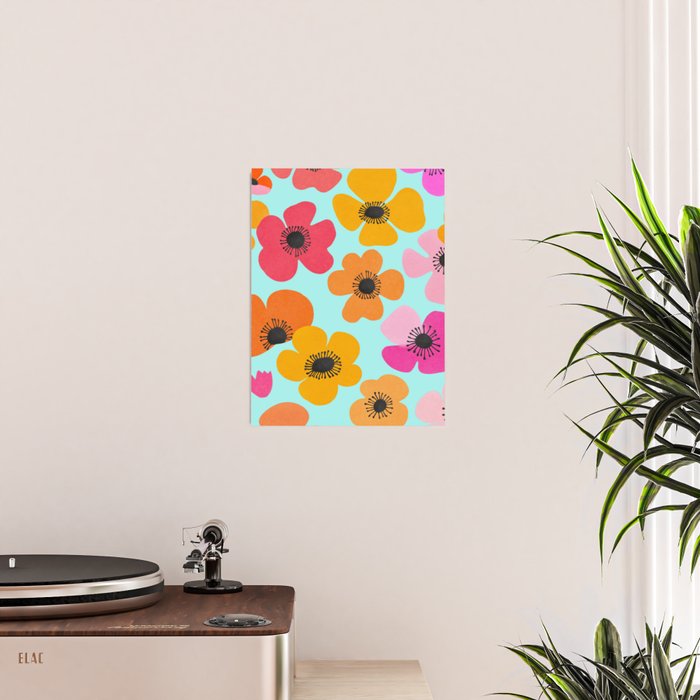 Midcentury Playful Botanical Bold Multicolor Retro Flowers Turquoise Poster Gallery Image 2