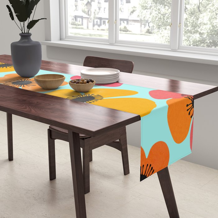 Midcentury Playful Botanical Bold Multicolor Retro Flowers Turquoise Table Runner Gallery Image 2