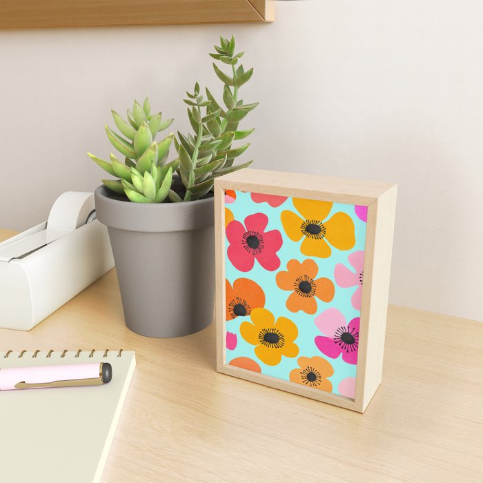 Midcentury Playful Botanical Bold Multicolor Retro Flowers Turquoise Mini Art Print Gallery Image 2