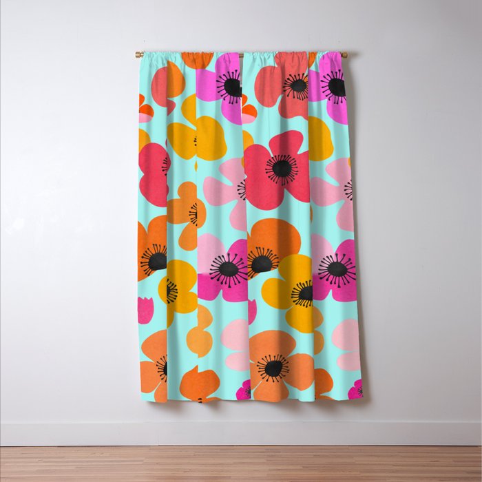 Midcentury Playful Botanical Bold Multicolor Retro Flowers Turquoise Window Curtain Gallery Image 3