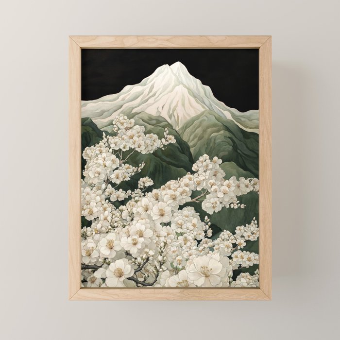 Japanese Floral Wall Art Mountain Poster Sage Green Wabi Sabi japandi  botanical Flower Painting Mini Art Print Gallery Image 1